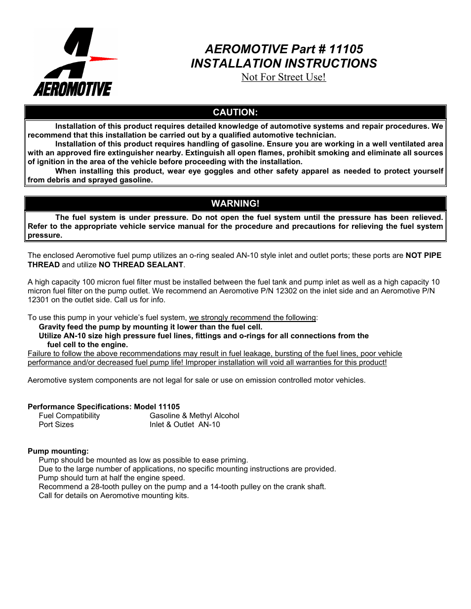 Aeromotive 11105 - BILLET BELT DRIVE FUEL PUMP User Manual | 4 pages
