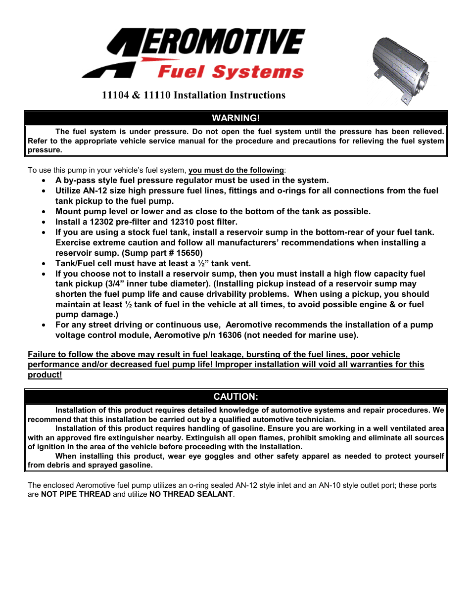 Aeromotive 11110 - MARINE ELIMINATOR FUEL PUMP User Manual | 5 pages
