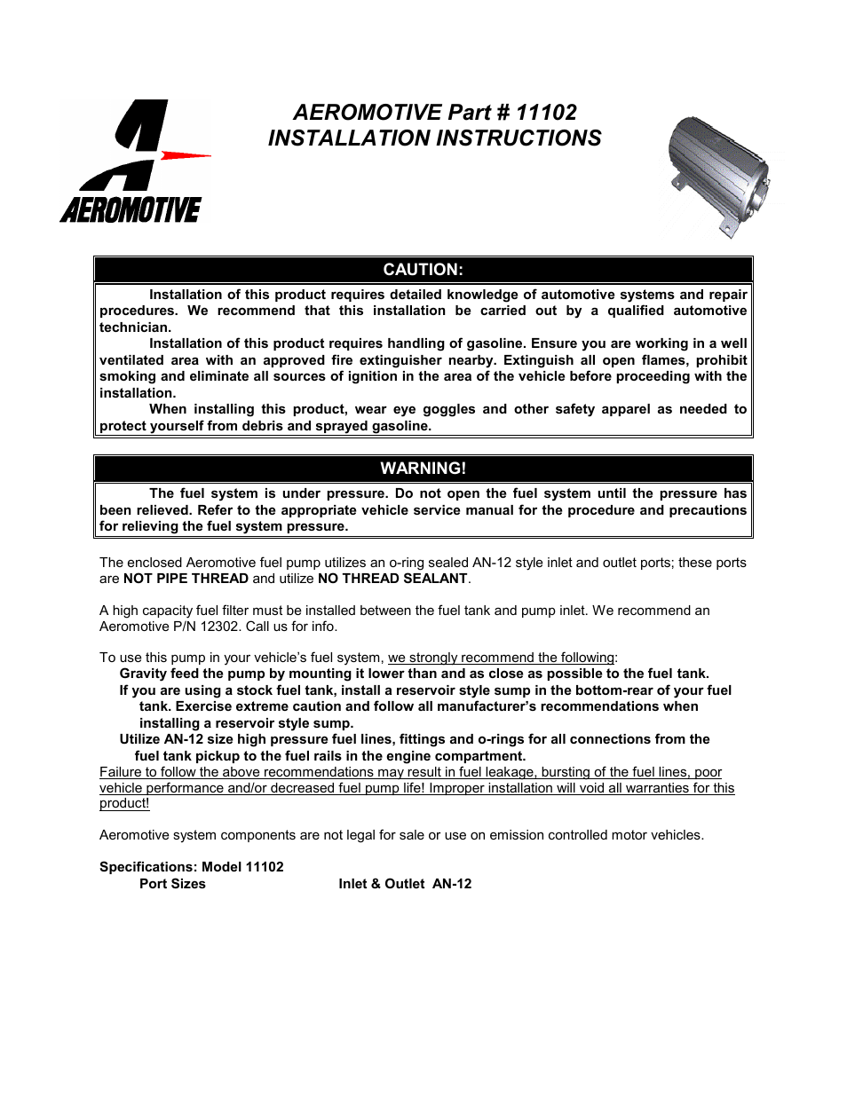 Aeromotive 11102 - PRO SERIES FUEL PUMP User Manual | 4 pages