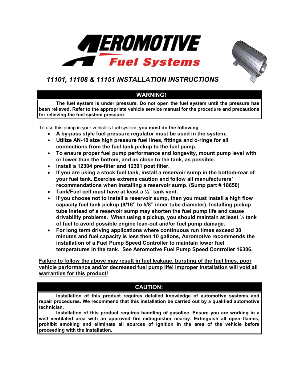 Aeromotive 11108 - MARINE A1000 FUEL PUMP User Manual | 9 pages