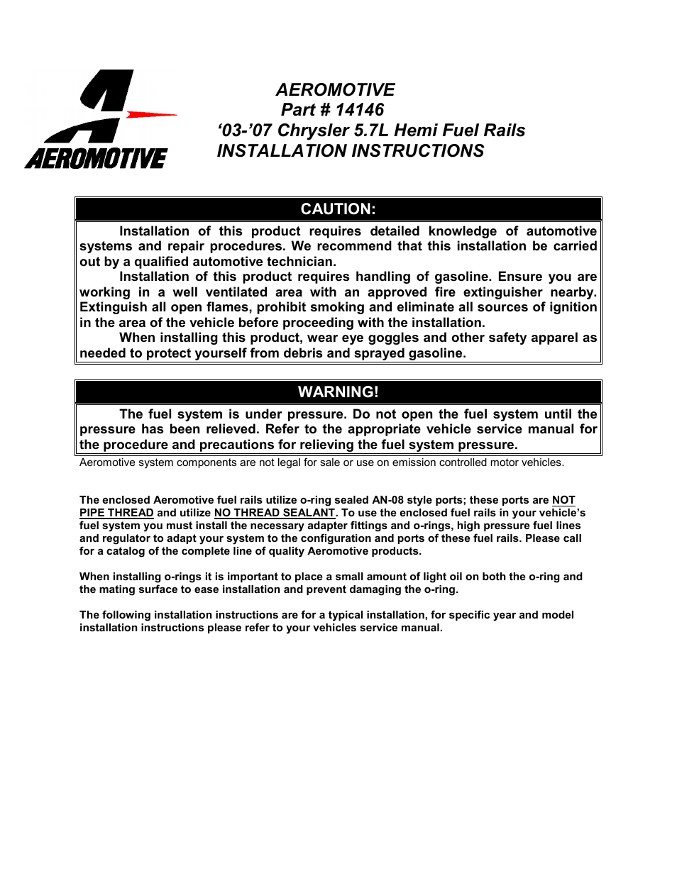 Aeromotive 14146 - CHRYSLER 5.7L & 6.1L HEMI FUEL RAIL KIT User Manual | 4 pages