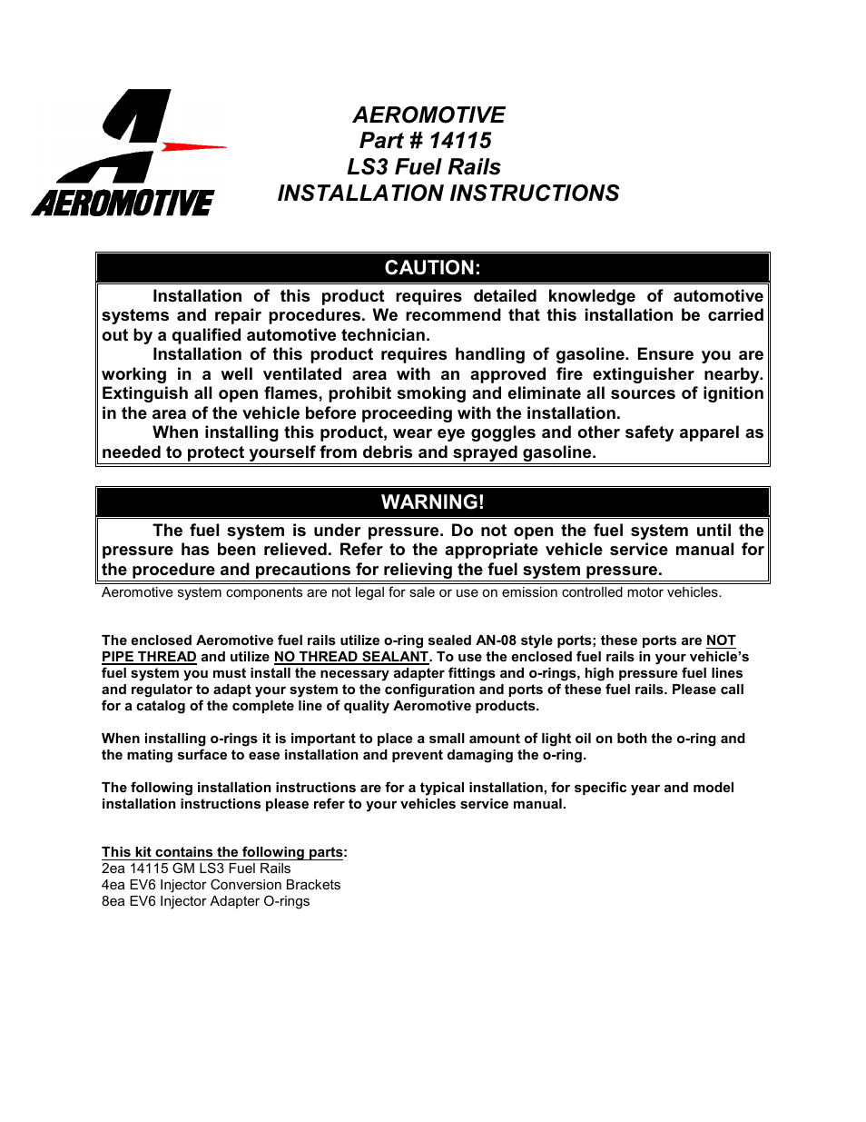 Aeromotive 14115 - GM LS3_L76 FUEL RAIL KIT User Manual | 4 pages