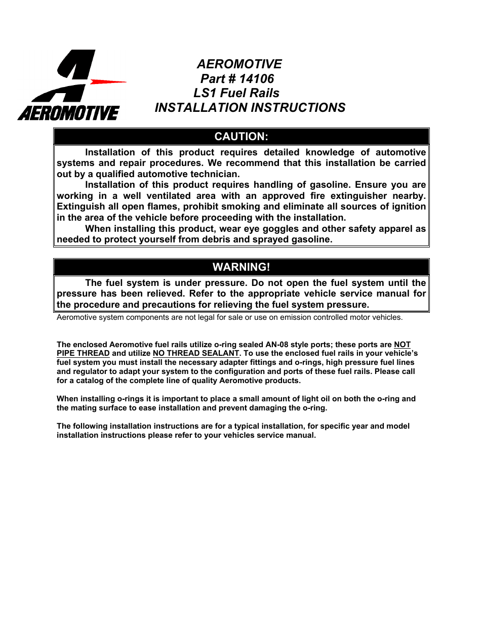 Aeromotive 14106 - 01-05 GM LS6 FUEL RAIL KIT User Manual | 4 pages