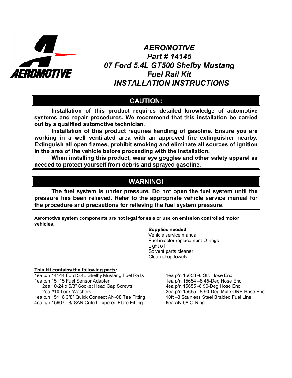 Aeromotive 14145 - 07-09 5.4L GT500 FUEL RAIL SYSTEM User Manual | 8 pages