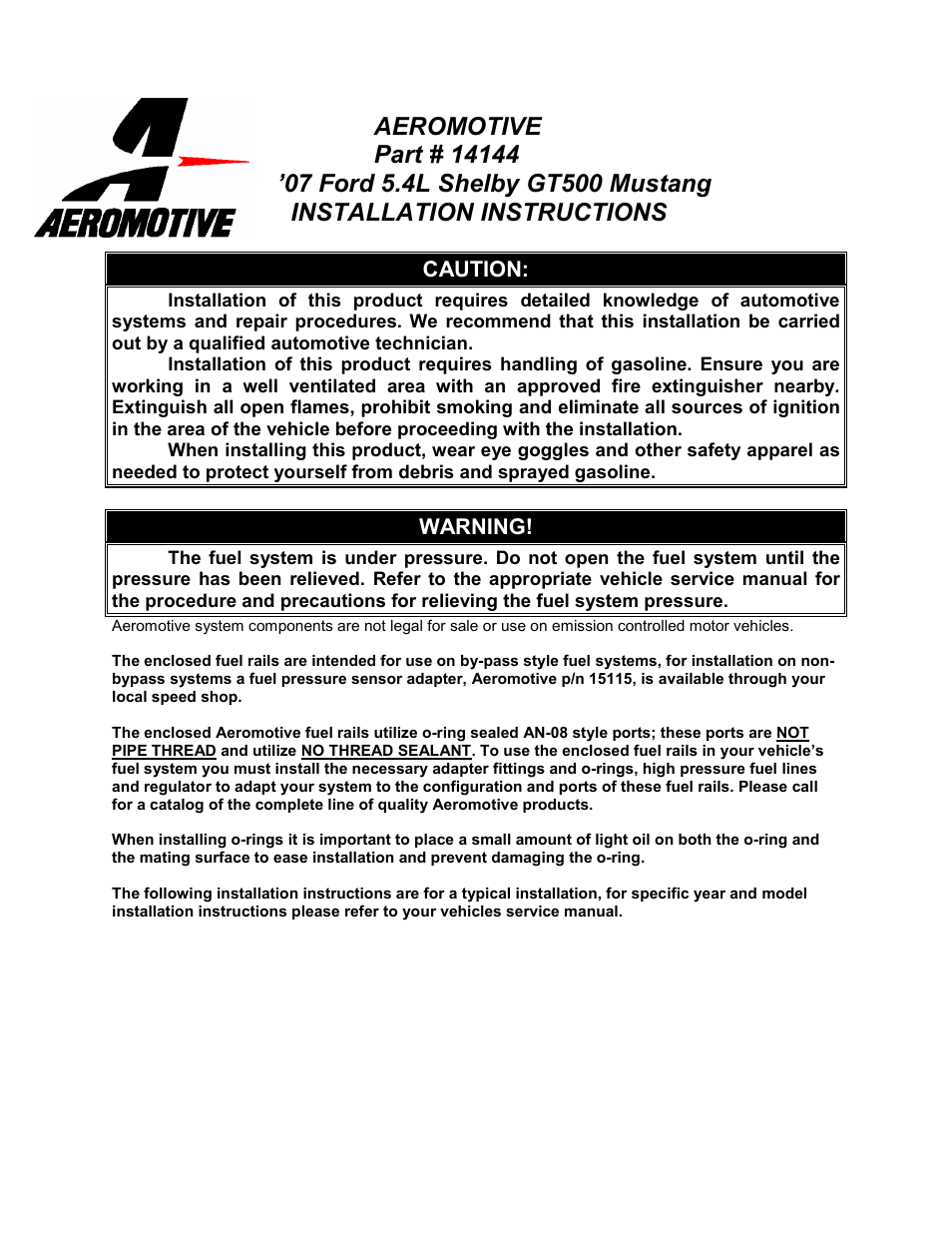 Aeromotive 14144 - 07-09 5.4L GT500 FUEL RAIL KIT User Manual | 4 pages