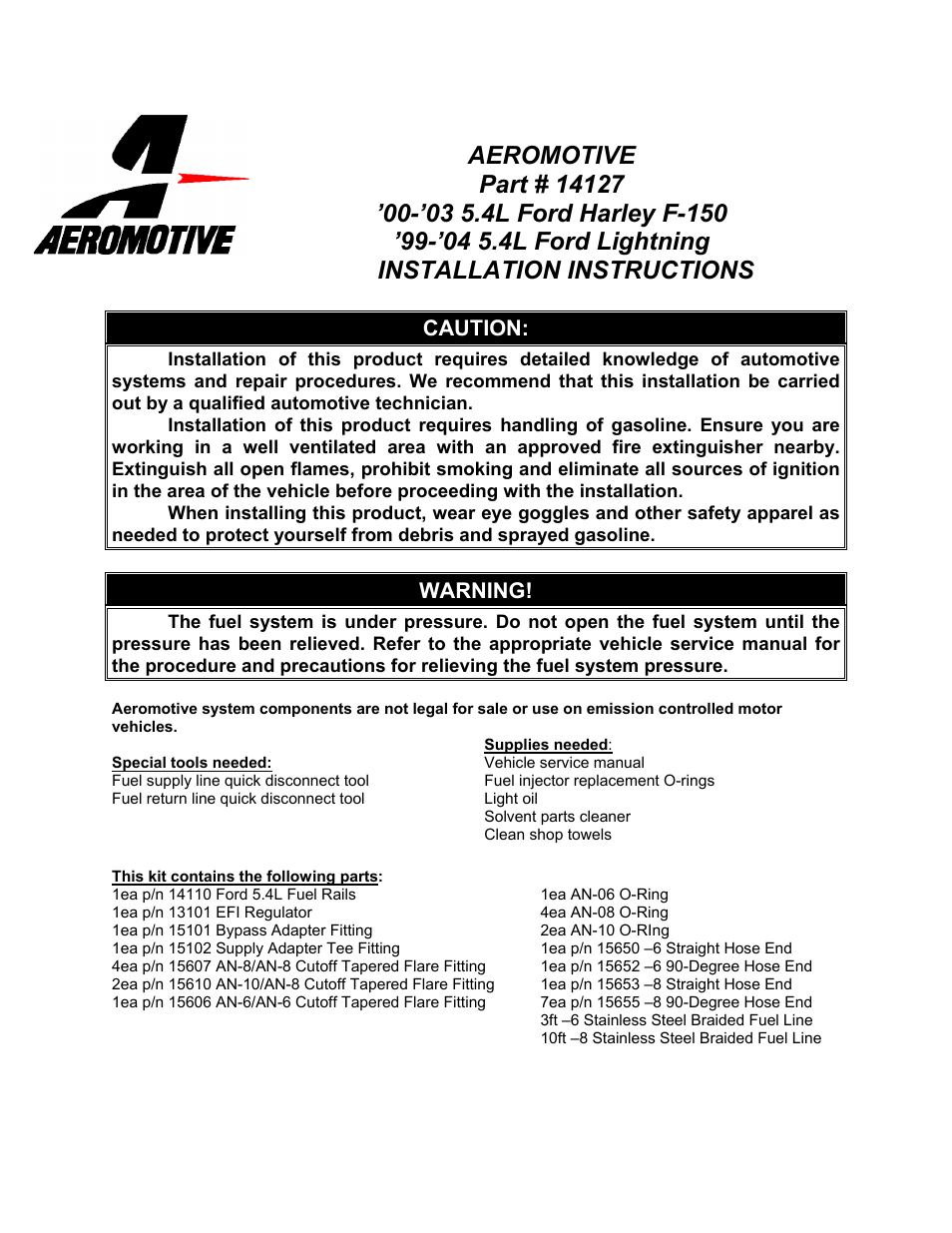 Aeromotive 14127 - 99-04 5.4L LIGHTNING_HARLEY FUEL RAIL SYSTEM User Manual | 8 pages