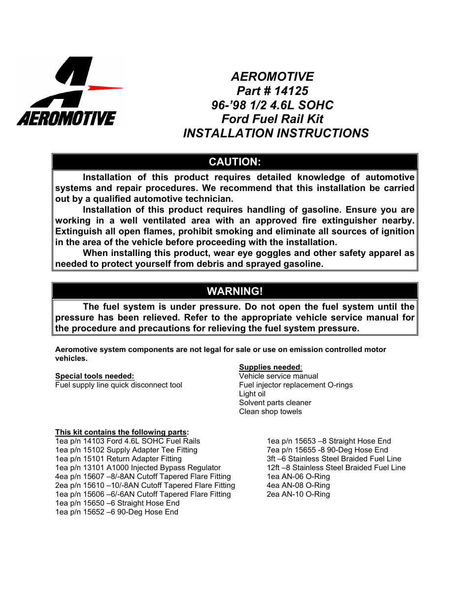 Aeromotive 14125 - 96-98 4.6L 1_2 SOHC GT FUEL RAIL SYSTEM User Manual | 8 pages