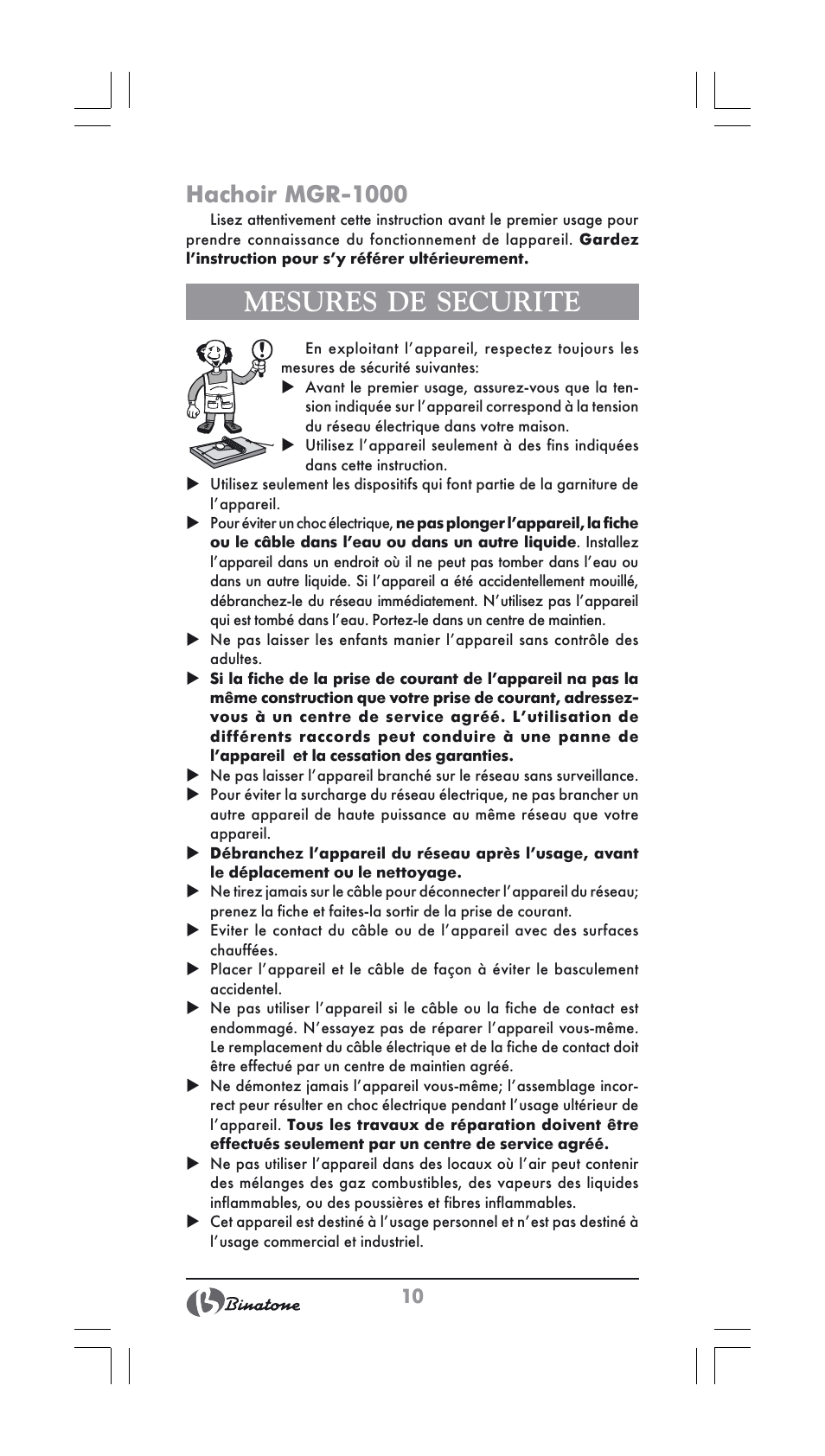 Mesures de securite, Hachoir mgr-1000 | Binatone MGR-1000 User Manual | Page 10 / 30