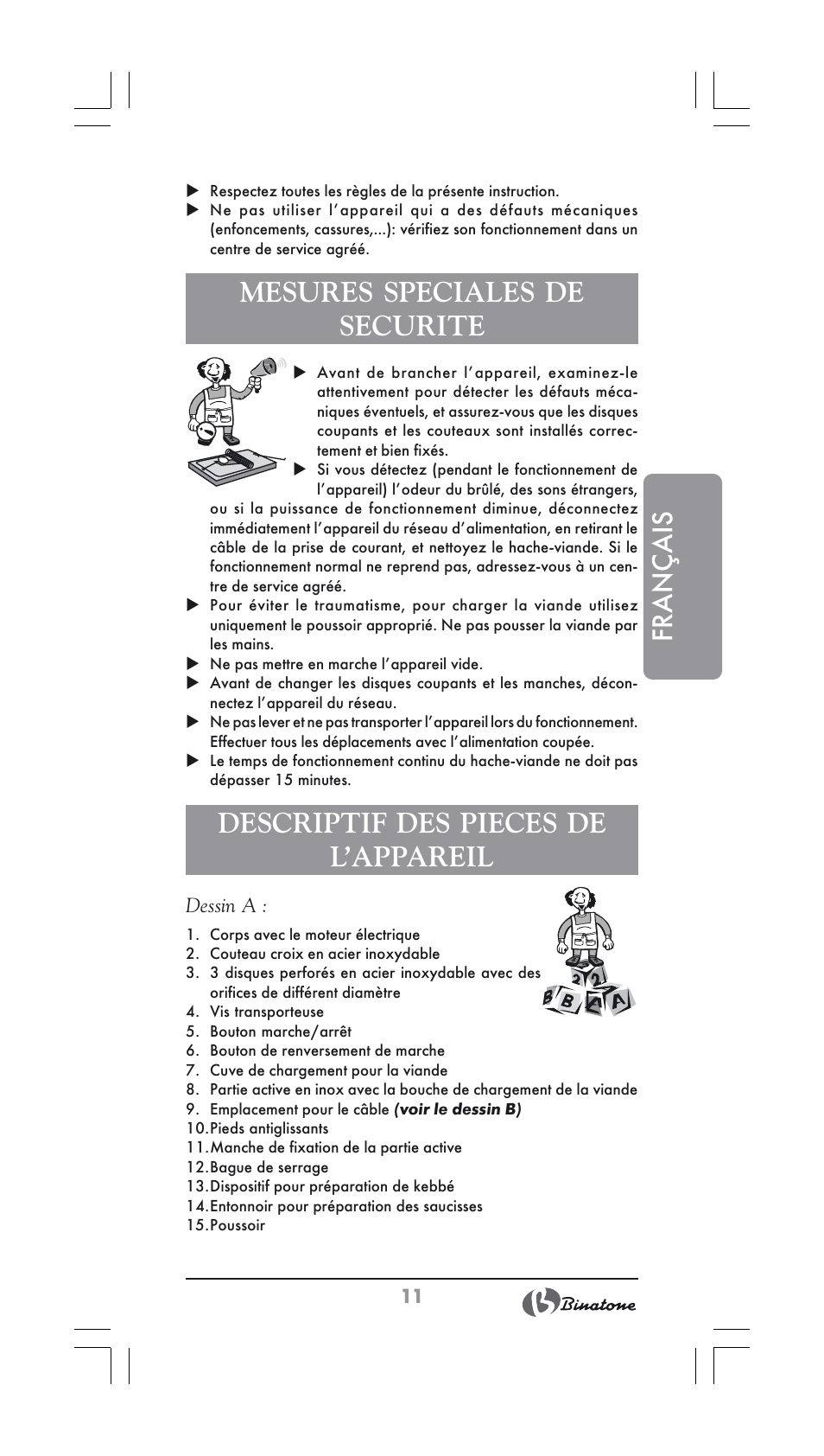 Français, Mesures speciales de securite, Descriptif des pieces de l’appareil | Binatone MGR-1000 User Manual | Page 11 / 30