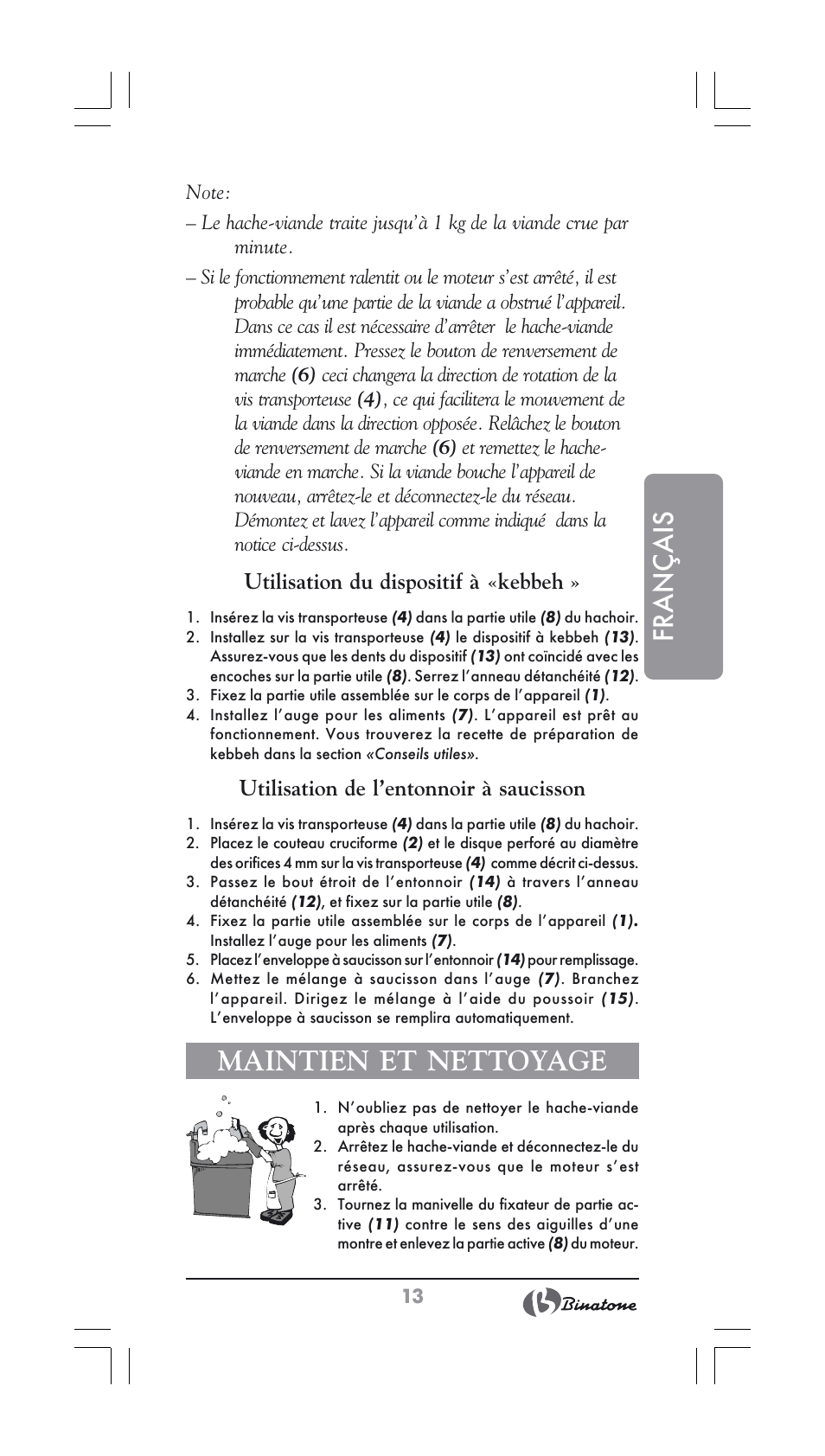 Français, Maintien et nettoyage, Utilisation du dispositif à «kebbeh | Utilisation de l’entonnoir à saucisson | Binatone MGR-1000 User Manual | Page 13 / 30