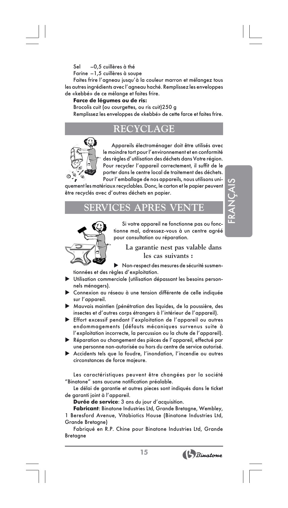 Français, Recyclage, Services apres vente | Binatone MGR-1000 User Manual | Page 15 / 30