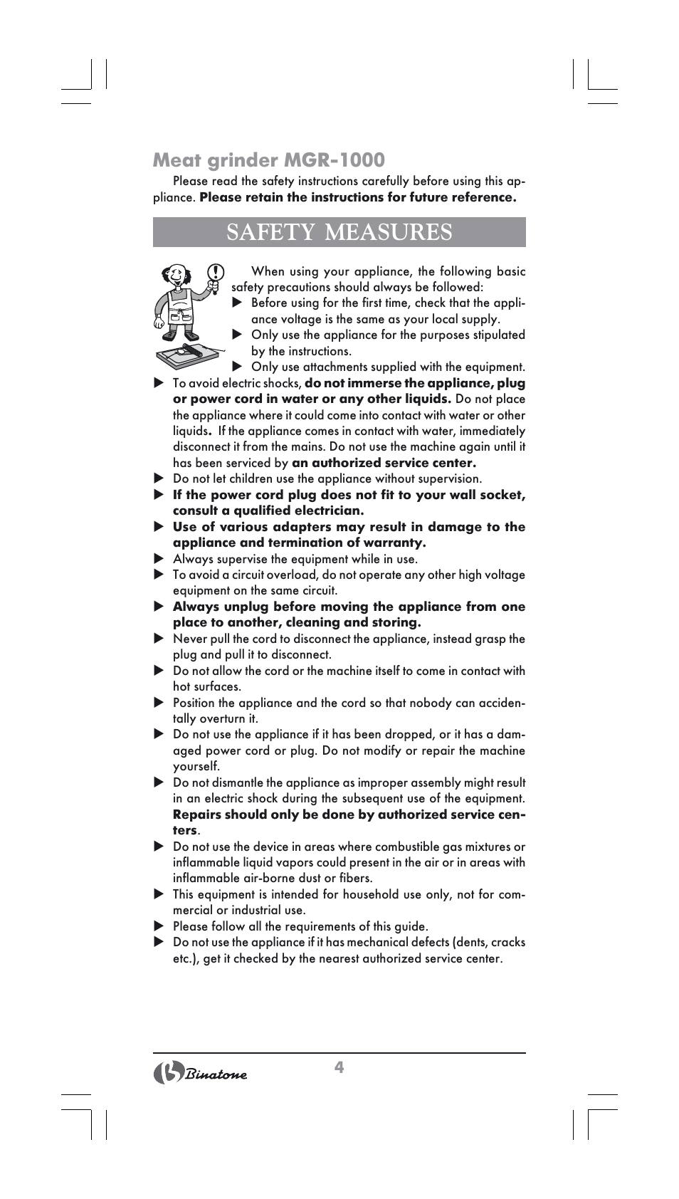 Safety measures, Meat grinder mgr-1000 | Binatone MGR-1000 User Manual | Page 4 / 30