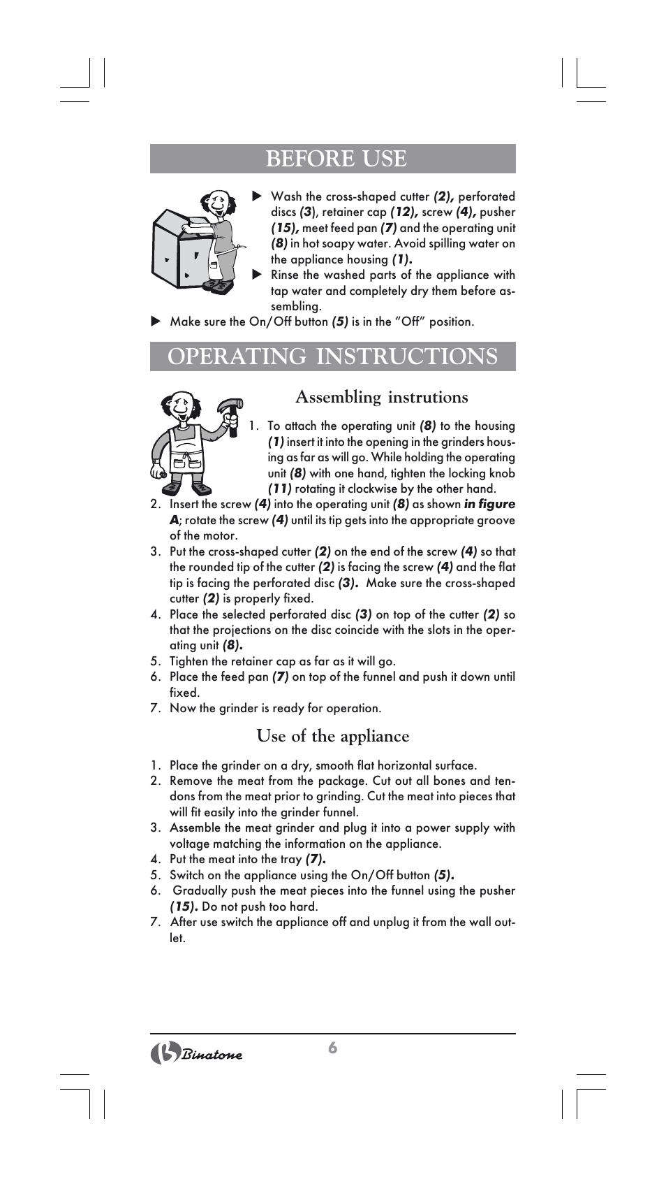 Before use, Operating instructions, Assembling instrutions | Use of the appliance | Binatone MGR-1000 User Manual | Page 6 / 30