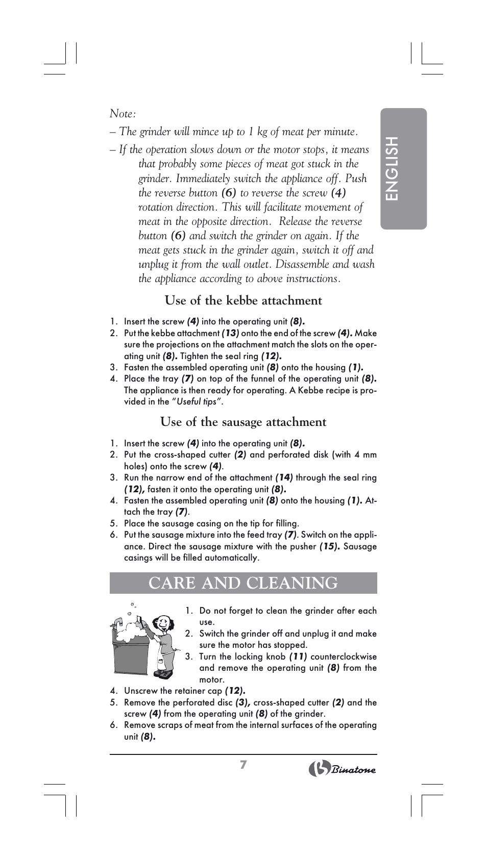 English, Care and cleaning, Use of the kebbe attachment | Use of the sausage attachment | Binatone MGR-1000 User Manual | Page 7 / 30