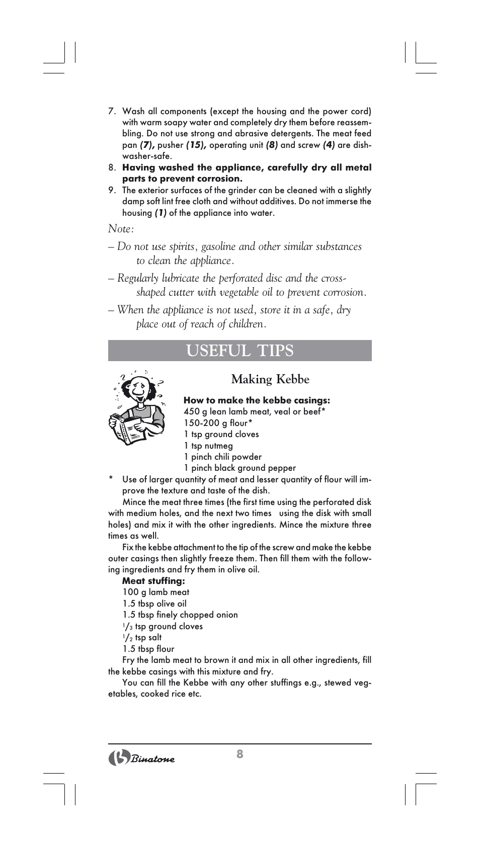 Useful tips, Making kebbe | Binatone MGR-1000 User Manual | Page 8 / 30