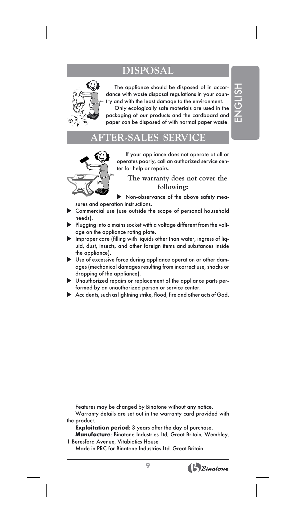 English, Disposal, After-sales service | Binatone MGR-1000 User Manual | Page 9 / 30