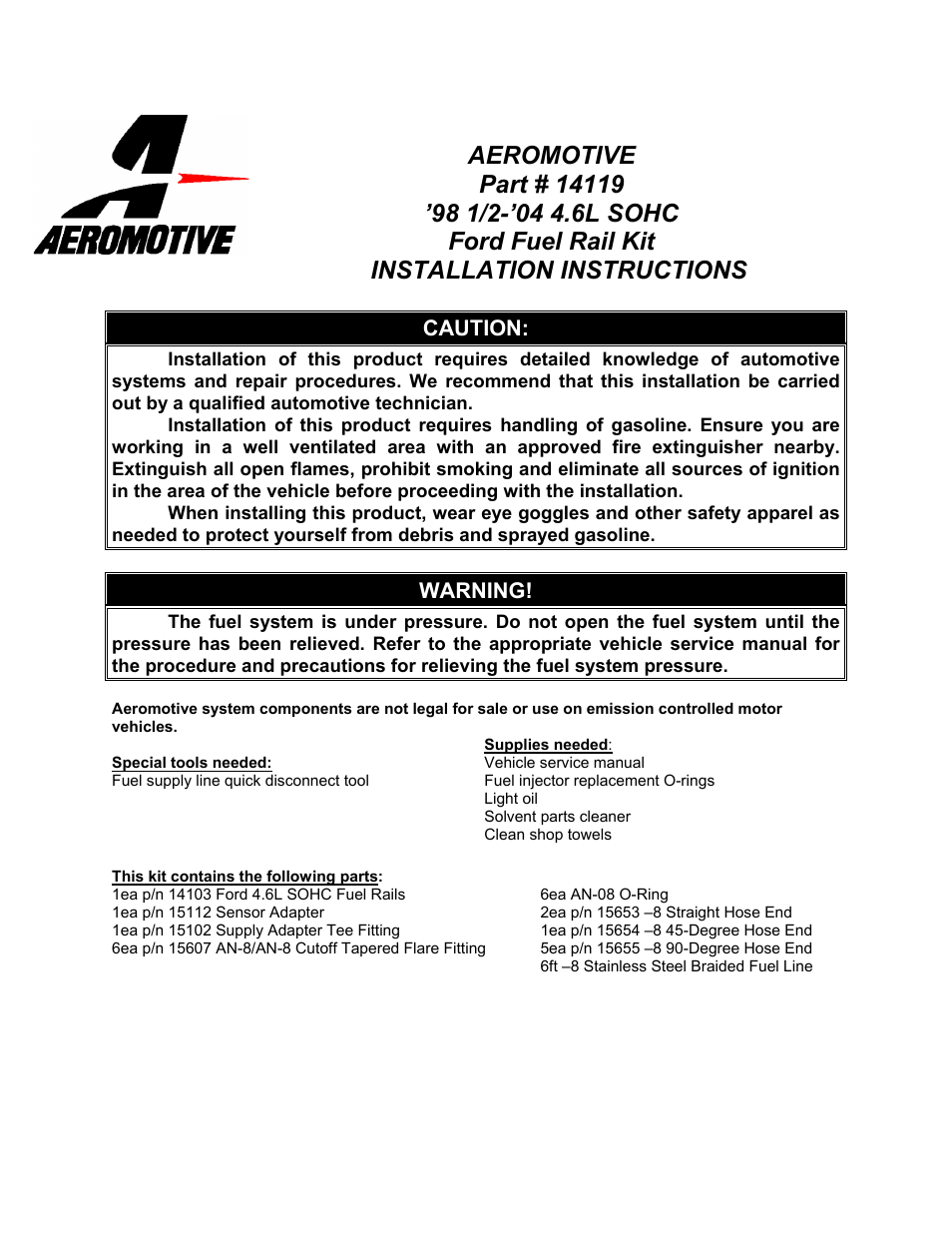 Aeromotive 14119 - 98 1_2-04 4.6L SOHC GT FUEL RAIL SYSTEM User Manual | 8 pages