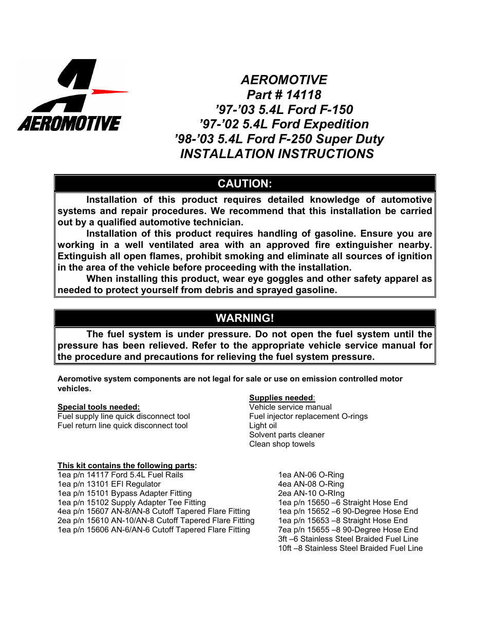 Aeromotive 14118 - 97-05 5.4L 2-VALVE TRUCK & SUV FUEL RAIL SYSTEM User Manual | 8 pages