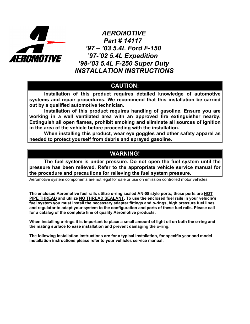 Aeromotive 14117 - 97-05 5.4L 2-VALVE TRUCK & SUV FUEL RAIL KIT User Manual | 4 pages