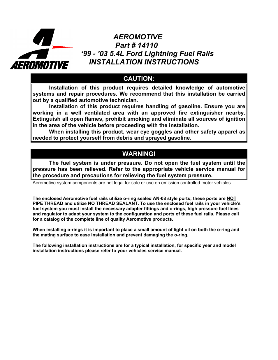 Aeromotive 14110 - 99-04 5.4L LIGHTNING_HARLEY FUEL RAIL KIT User Manual | 4 pages