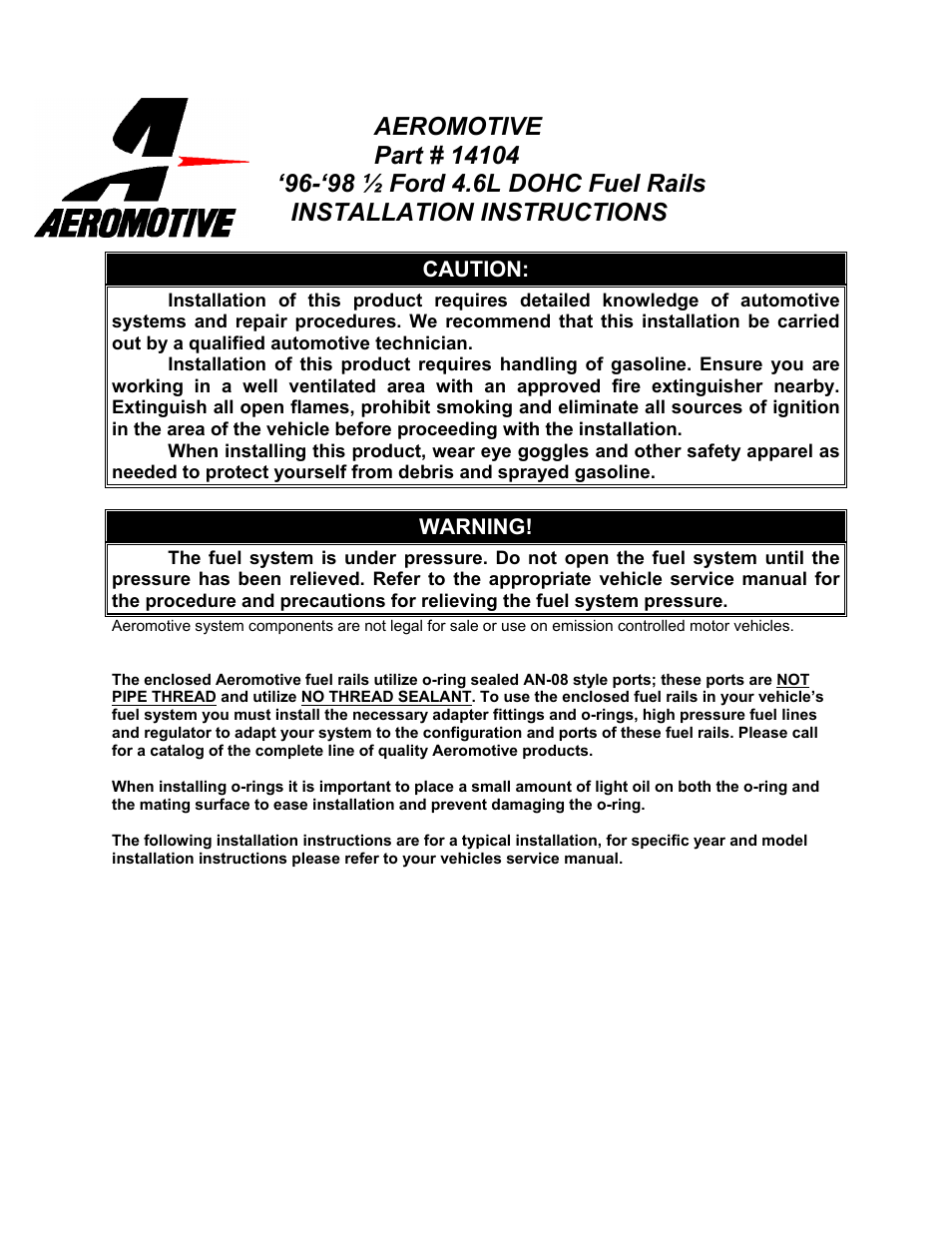 Aeromotive 14104 - 96-98 1_2 4.6L DOHC COBRA FUEL RAIL KIT User Manual | 4 pages