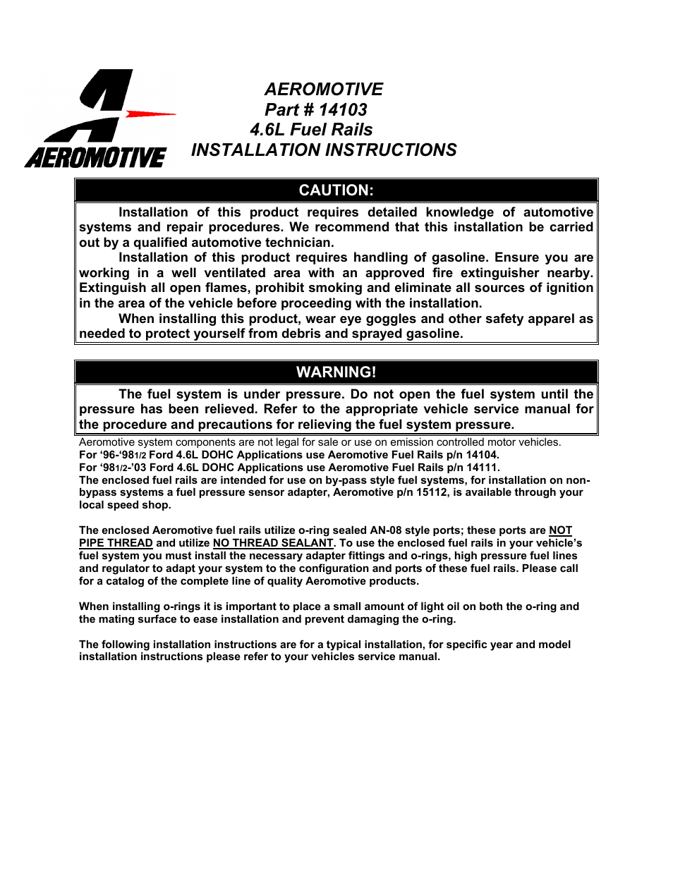 Aeromotive 14103 - 96-04 4.6L SOHC GT FUEL RAIL KIT User Manual | 4 pages