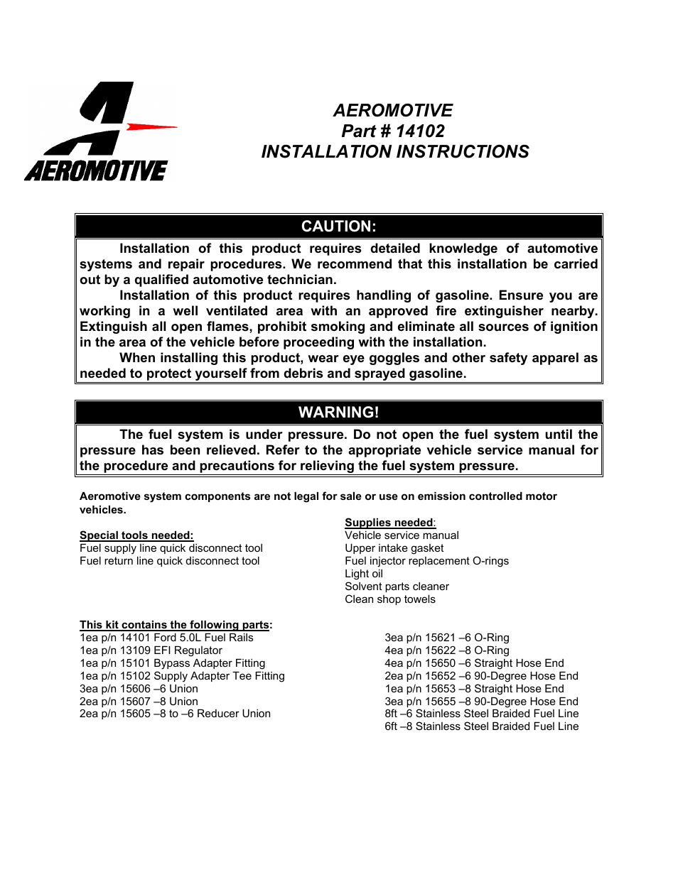 Aeromotive 14102 - 86-95 5.0L GT & COBRA FUEL RAIL SYSTEM User Manual | 9 pages