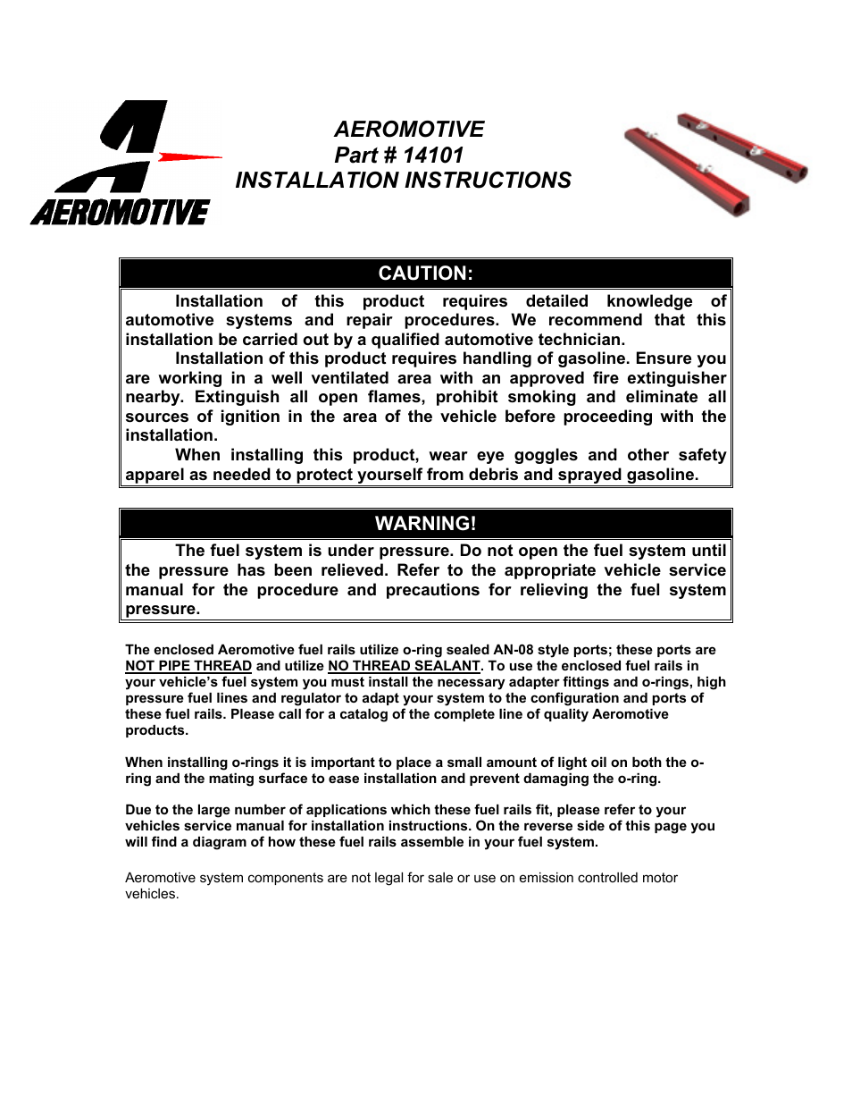 Aeromotive 14101 - 86-95 5.0L GT & COBRA FUEL RAIL KIT User Manual | 3 pages