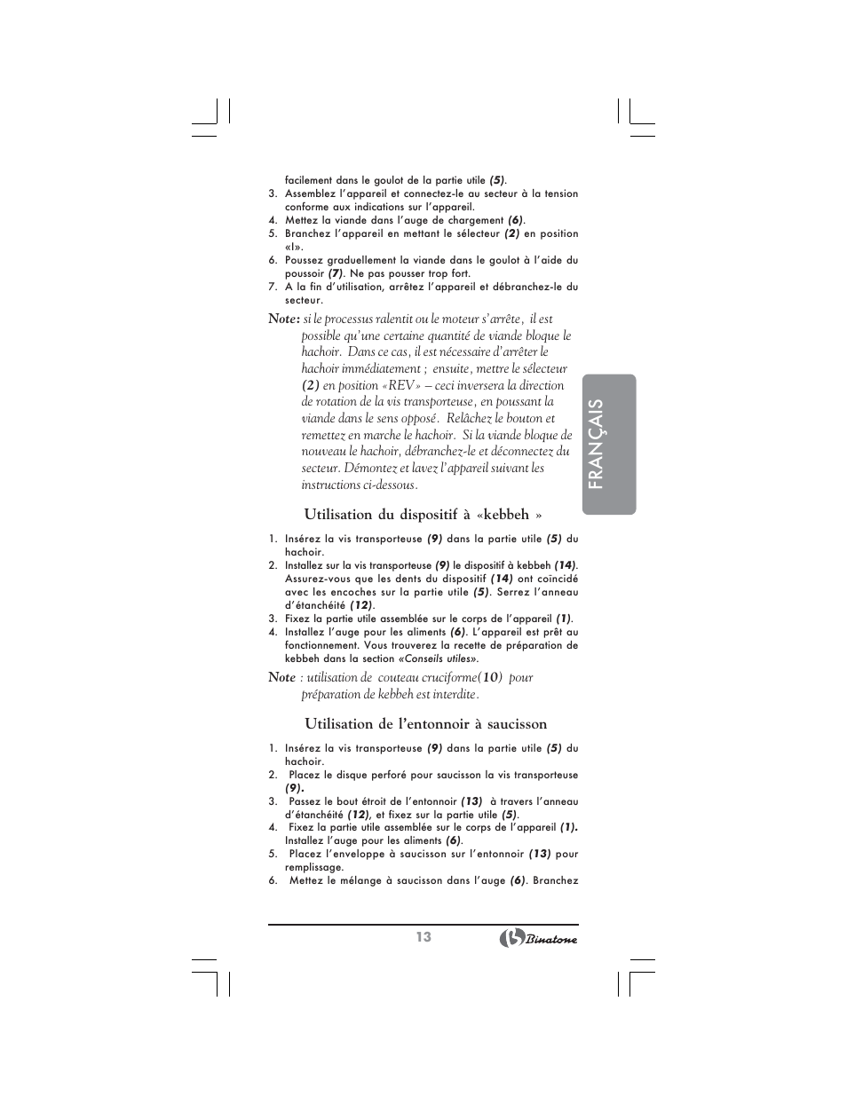 Français, Utilisation du dispositif à «kebbeh, Utilisation de l’entonnoir à saucisson | Binatone MGR-3001 User Manual | Page 13 / 34