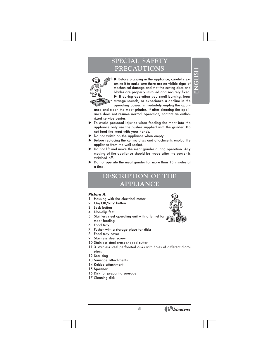 English special safety precautions, Description of the appliance | Binatone MGR-3001 User Manual | Page 5 / 34