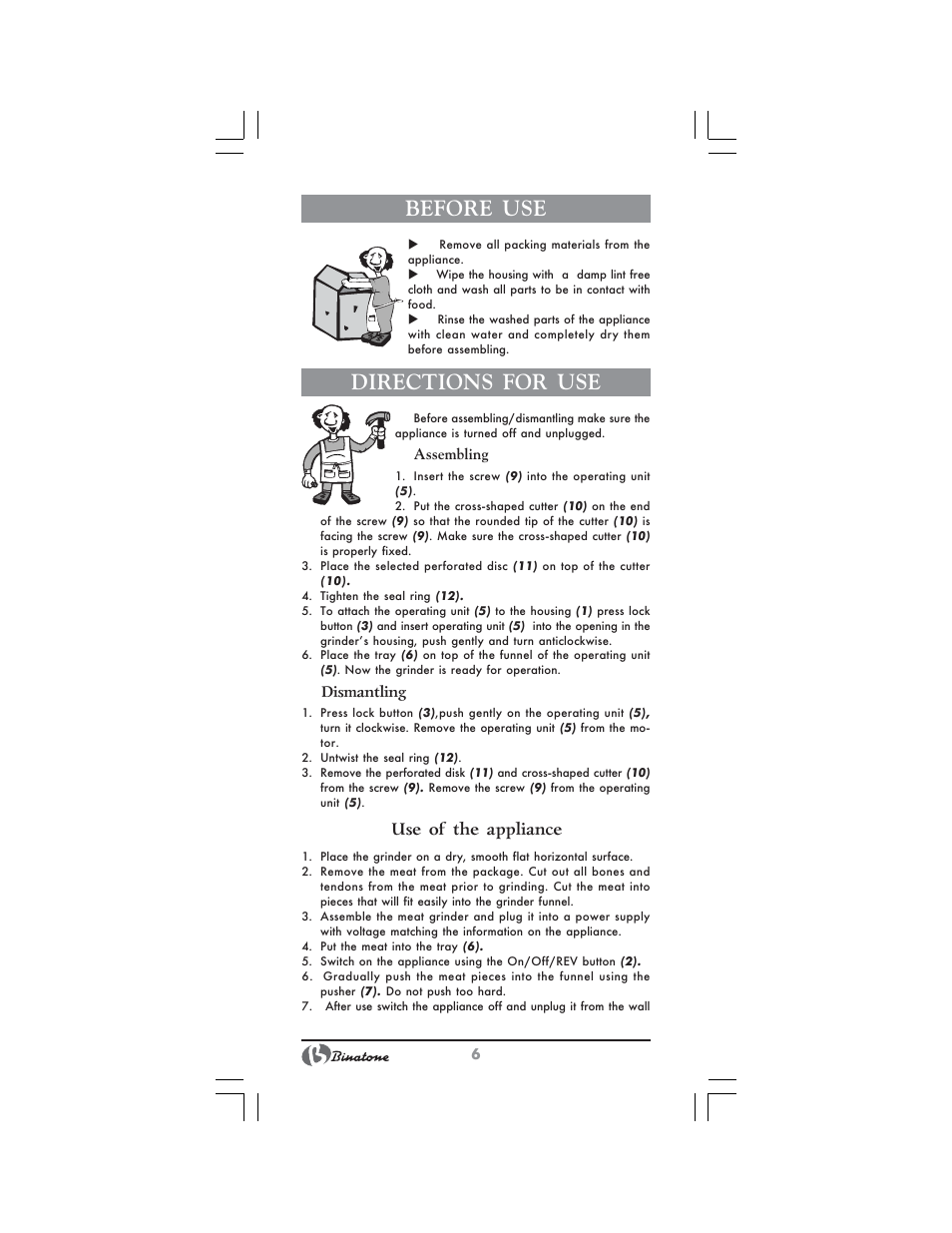 Before use, Directions for use, Use of the appliance | Binatone MGR-3001 User Manual | Page 6 / 34