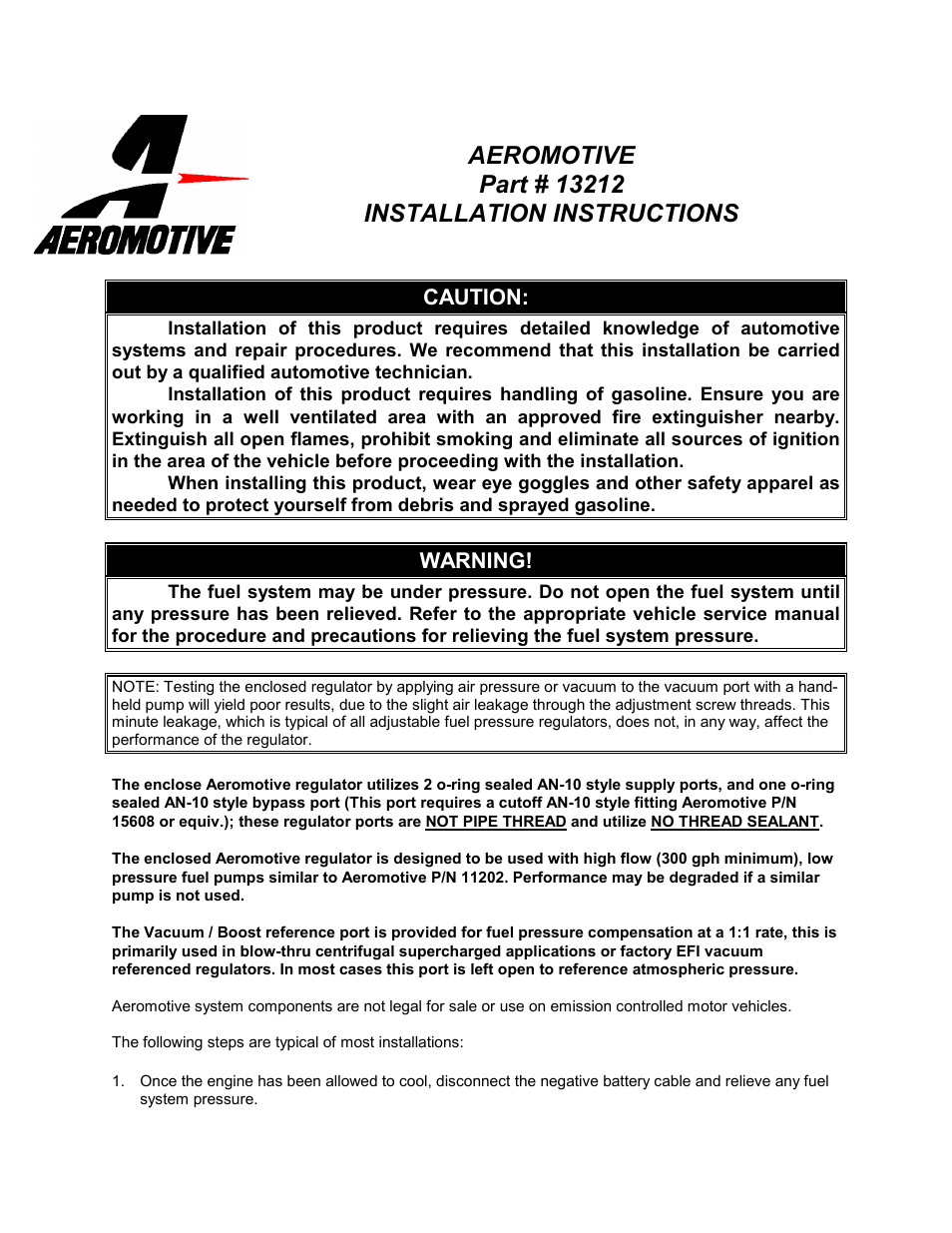 Aeromotive 13212 - A2000, 2-PORT BYPASS REGULATOR User Manual | 4 pages