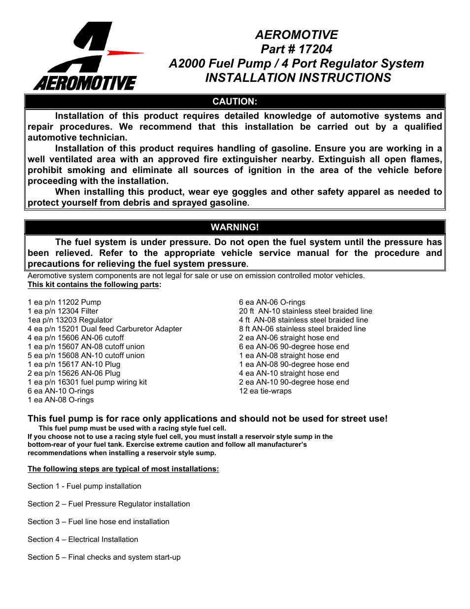 Aeromotive 17204 - A2000 CARBURETED FUEL SYSTEM (DUAL CARB) User Manual | 11 pages