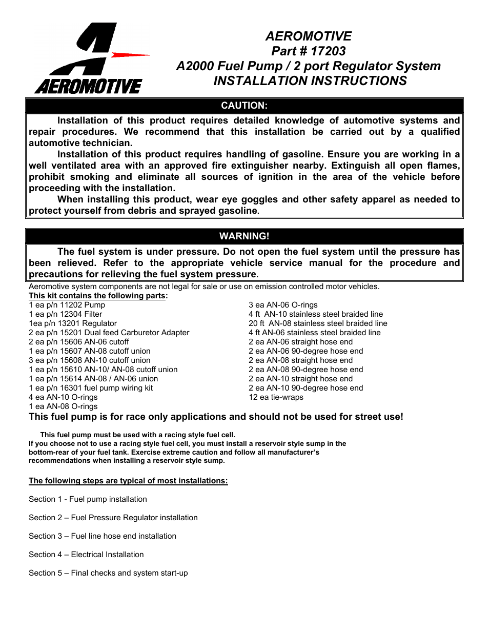 Aeromotive 17203 - A2000 CARBURETED FUEL SYSTEM (SINGLE CARB) User Manual | 11 pages