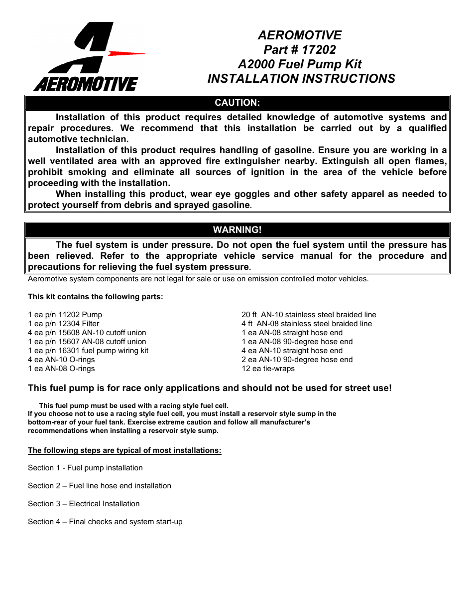 Aeromotive 17202 - A2000 FUEL PUMP KIT User Manual | 10 pages