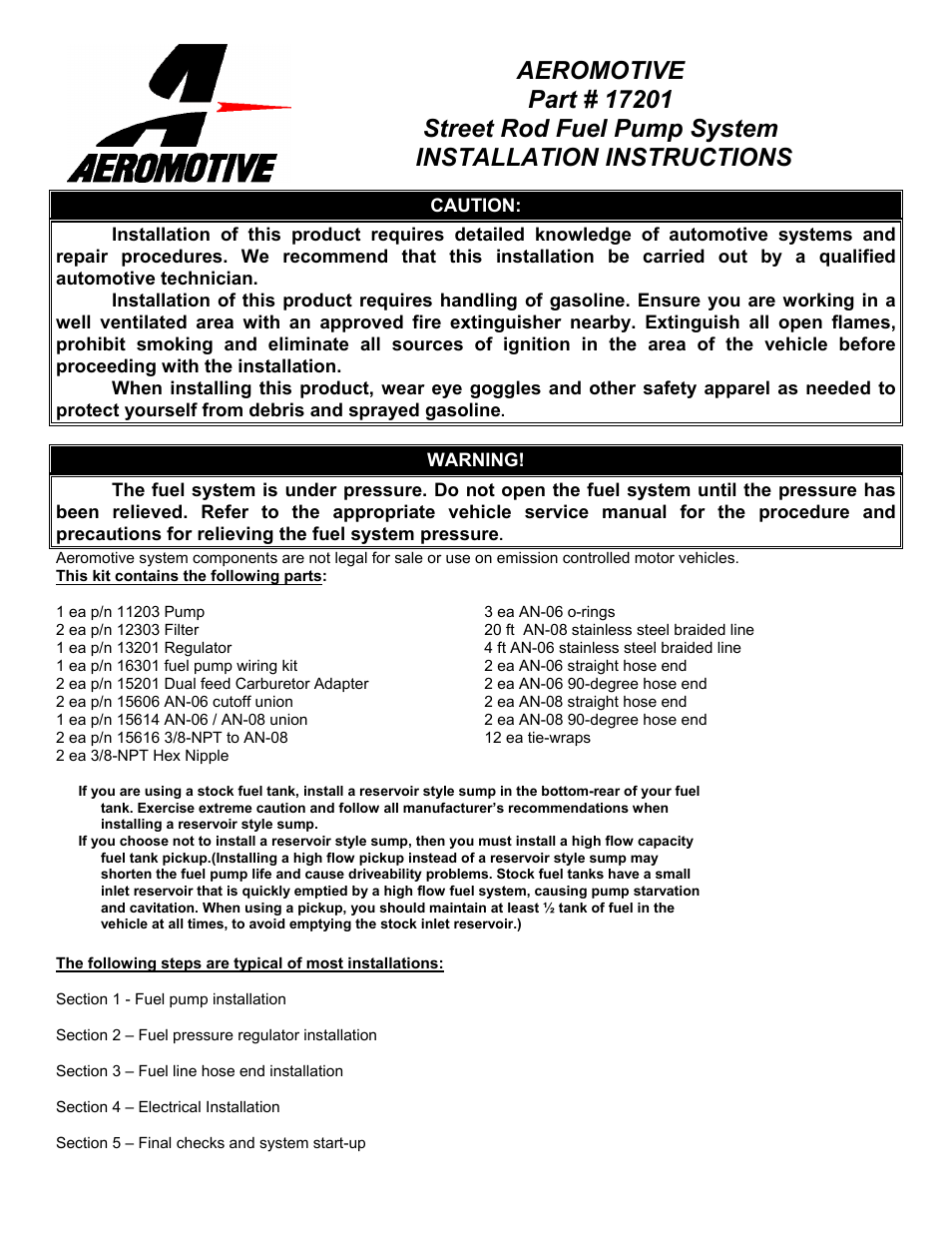 Aeromotive 17201 - SS CARBURETED FUEL SYSTEM User Manual | 10 pages