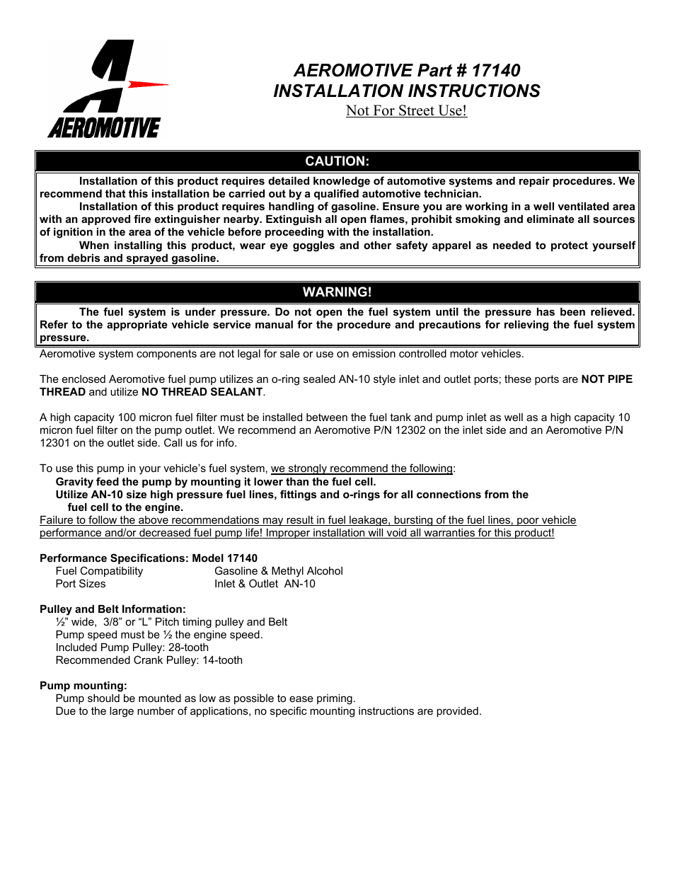 Aeromotive 17140 - BELT DRIVE PUMP KIT User Manual | 4 pages