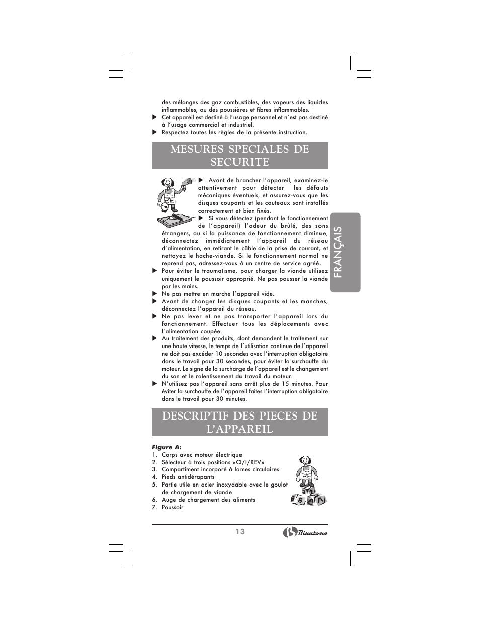 Français, Mesures speciales de securite, Descriptif des pieces de l’appareil | Binatone MGR-3030 User Manual | Page 13 / 36