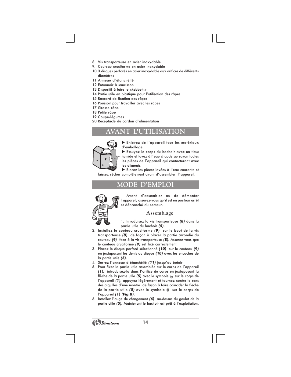Avant l’utilisation, Mode d’emploi, Assemblage | Binatone MGR-3030 User Manual | Page 14 / 36