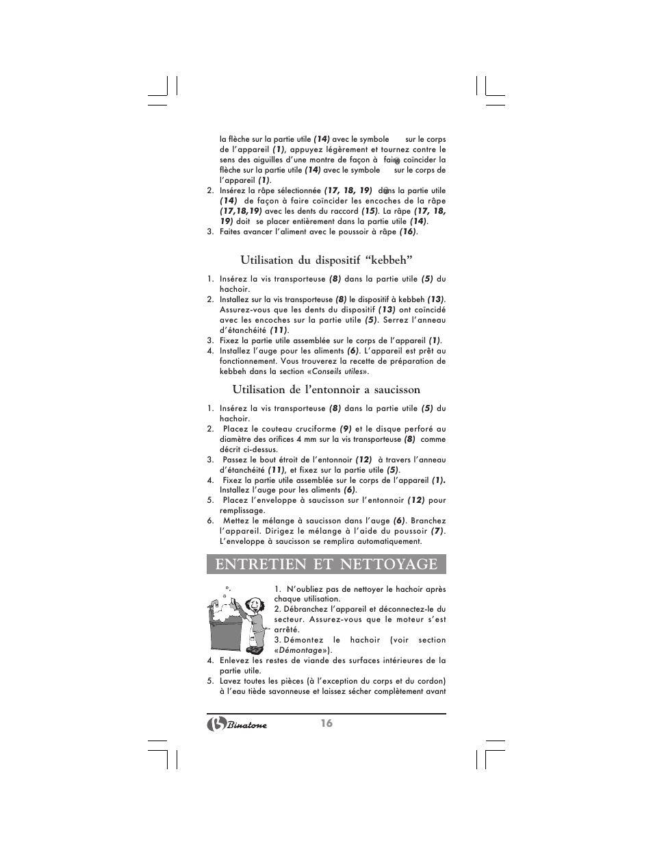 Entretien et nettoyage, Utilisation du dispositif “kebbeh, Utilisation de l’entonnoir a saucisson | Binatone MGR-3030 User Manual | Page 16 / 36
