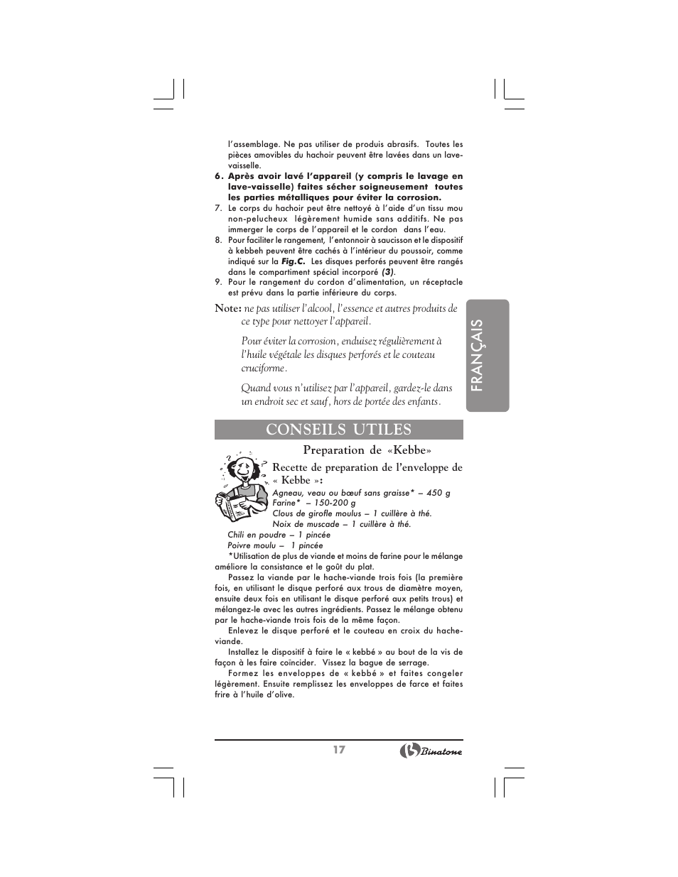Français, Conseils utiles, Preparation de «kebbe | Binatone MGR-3030 User Manual | Page 17 / 36