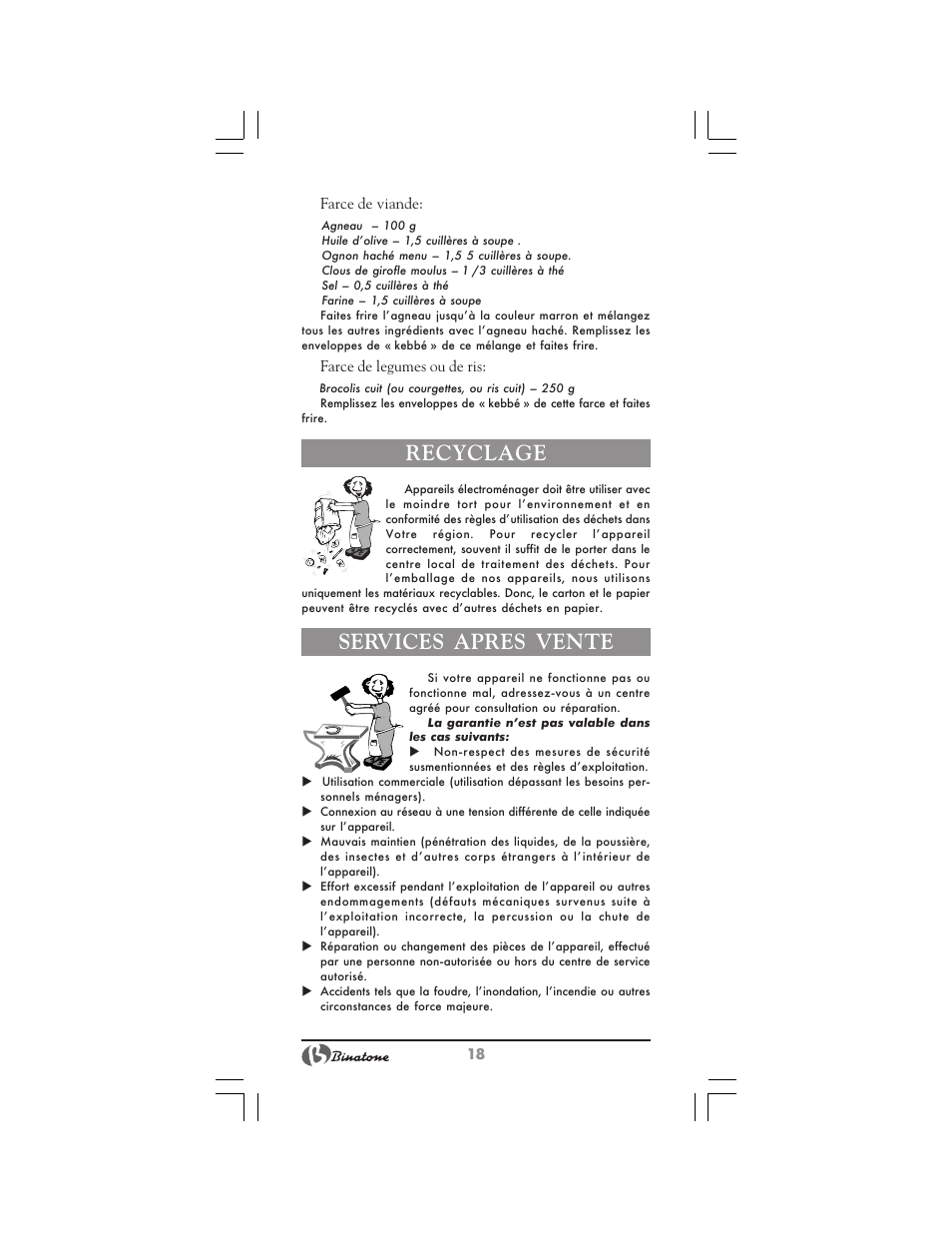 Recyclage, Services apres vente | Binatone MGR-3030 User Manual | Page 18 / 36