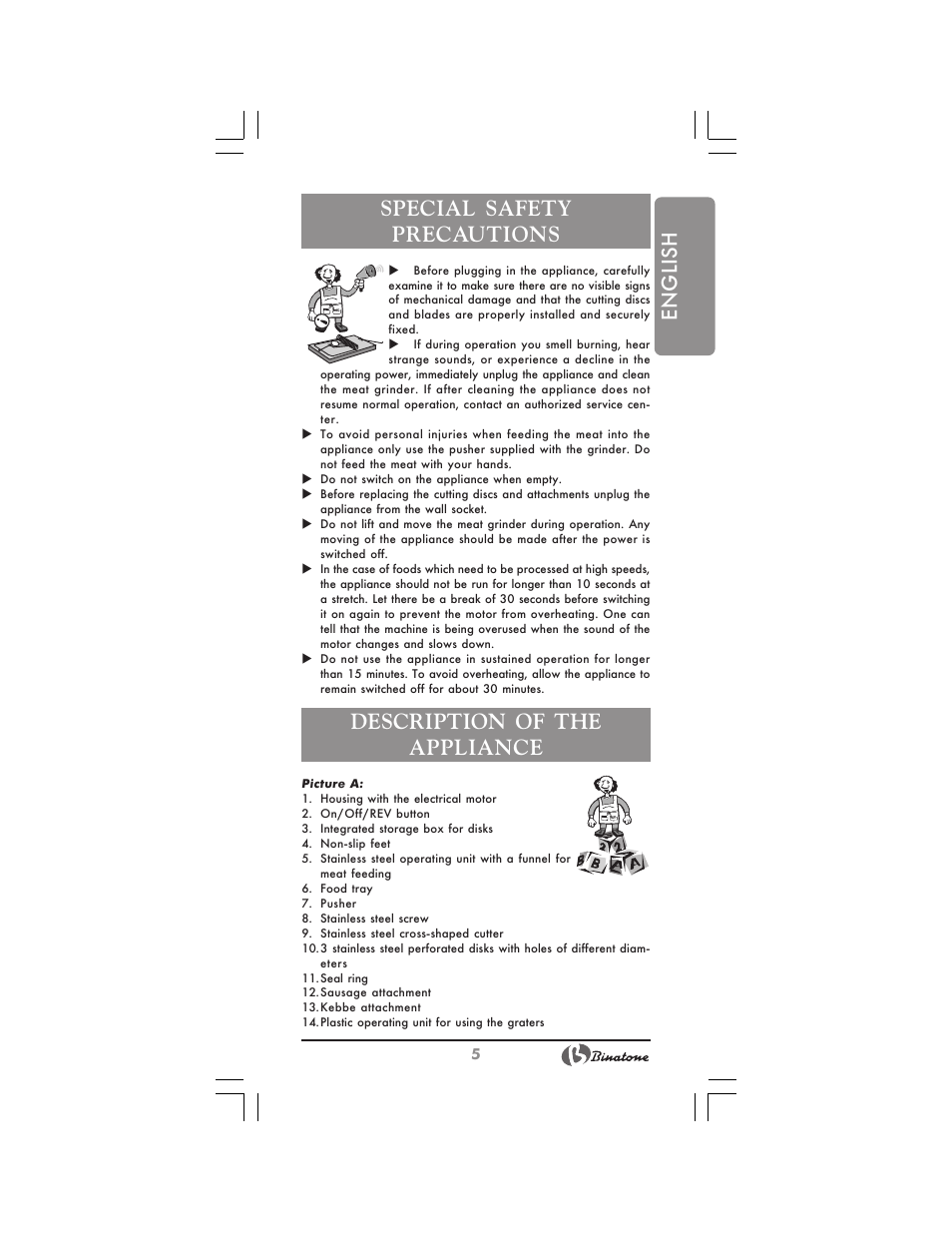 English special safety precautions, Description of the appliance | Binatone MGR-3030 User Manual | Page 5 / 36