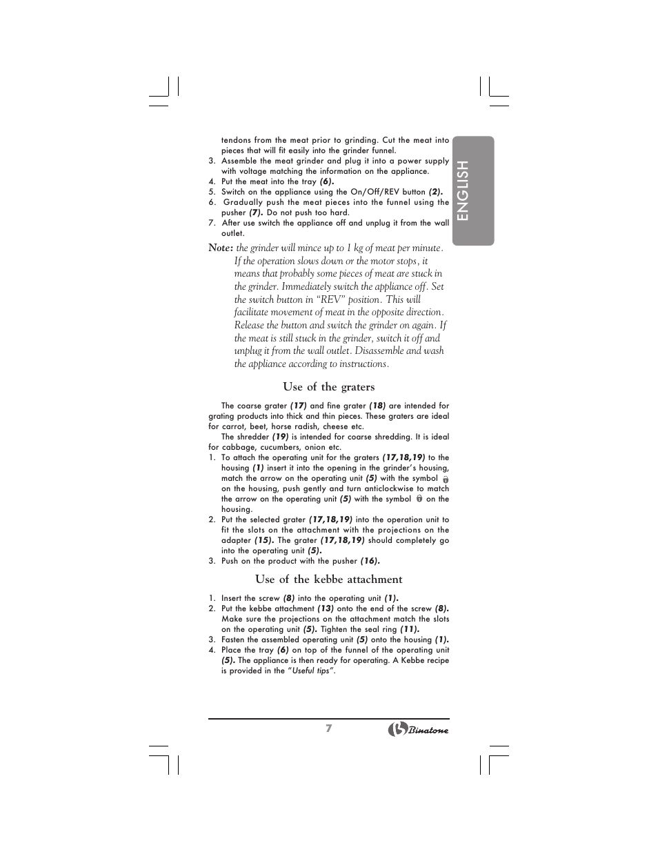 English, Use of the graters, Use of the kebbe attachment | Binatone MGR-3030 User Manual | Page 7 / 36