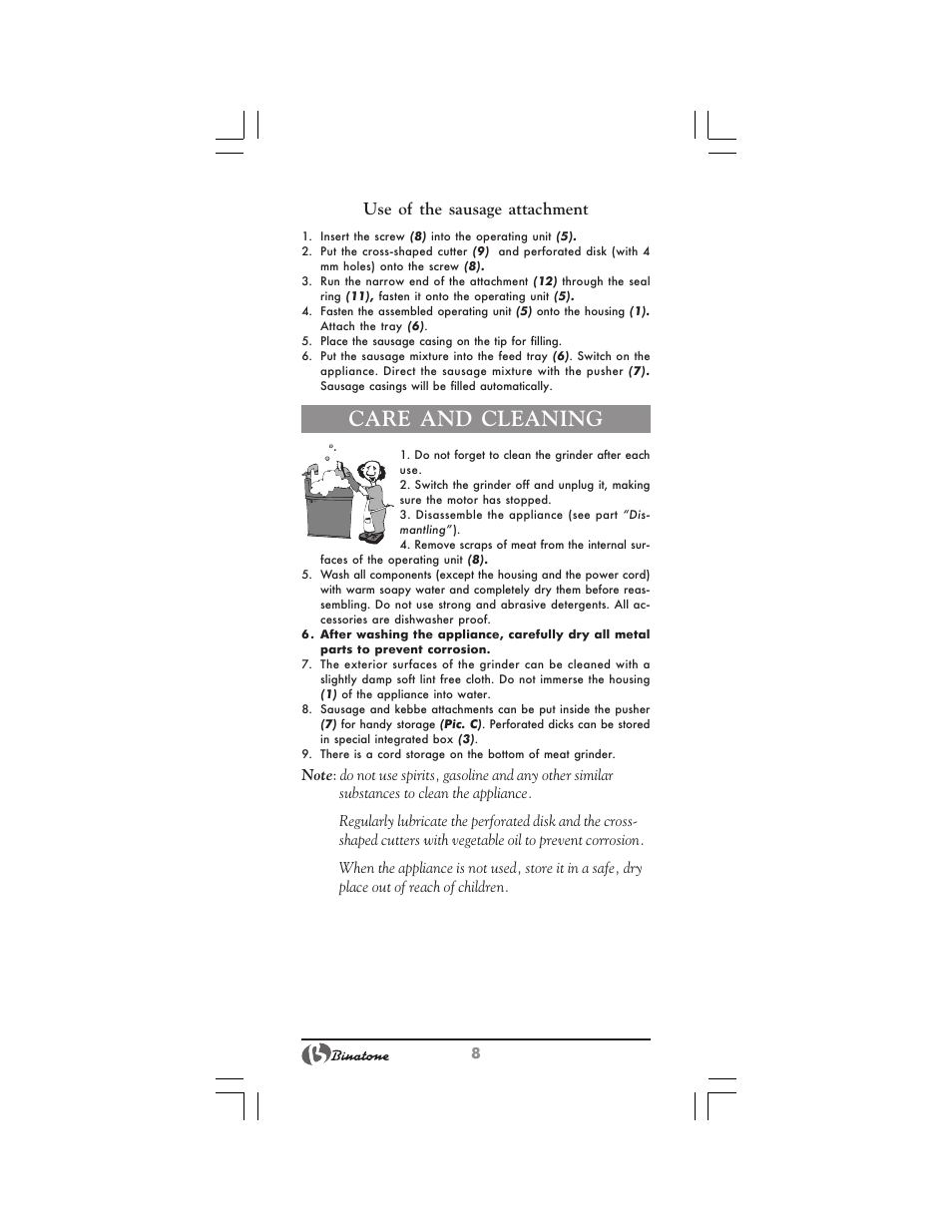 Care and cleaning, Use of the sausage attachment | Binatone MGR-3030 User Manual | Page 8 / 36