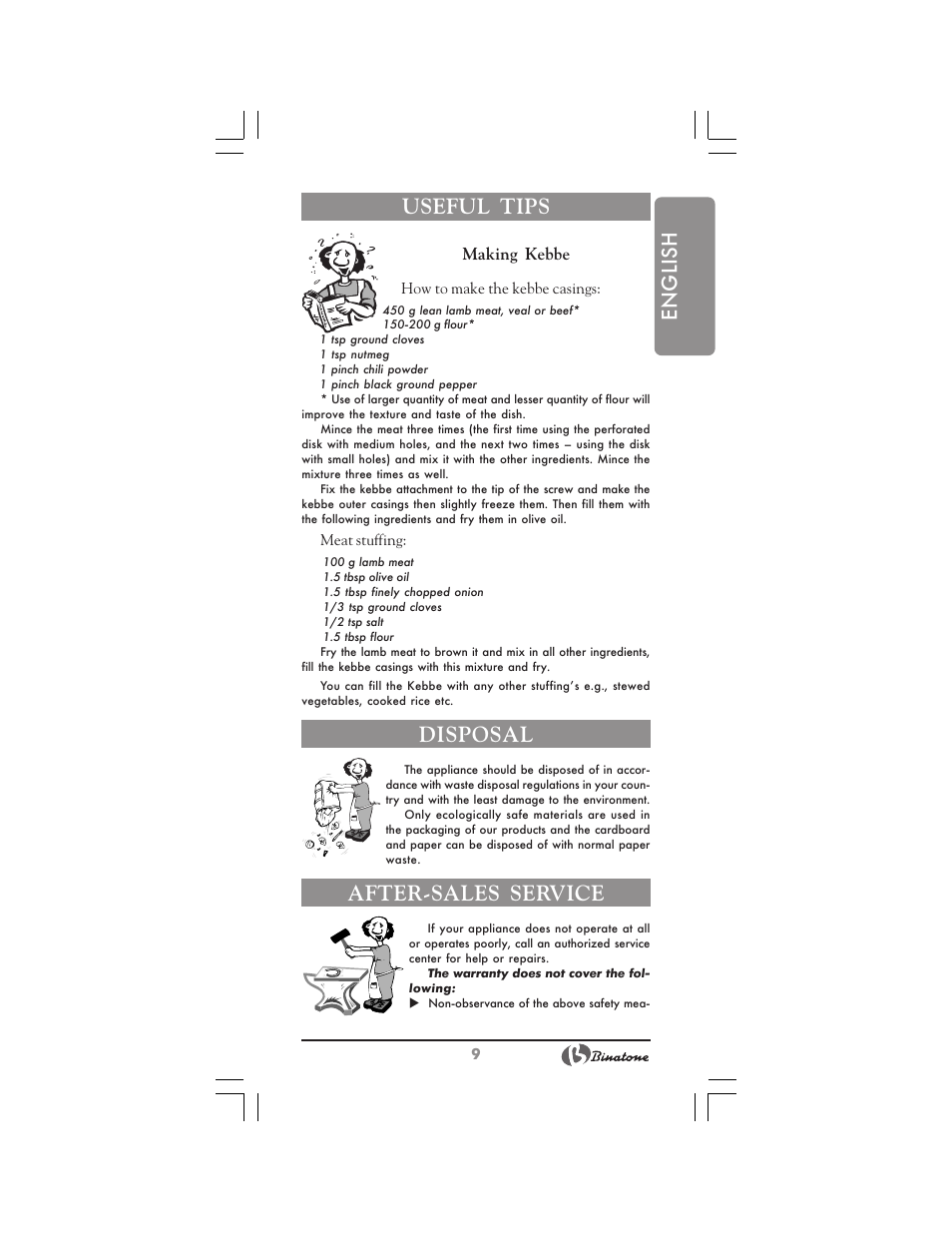 English useful tips, Disposal, After-sales service | Making kebbe | Binatone MGR-3030 User Manual | Page 9 / 36