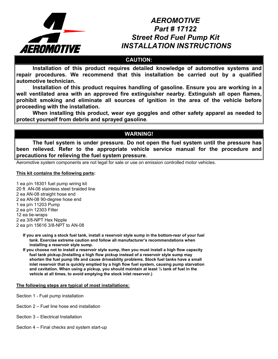 Aeromotive 17122 - SS FUEL PUMP KIT User Manual | 8 pages