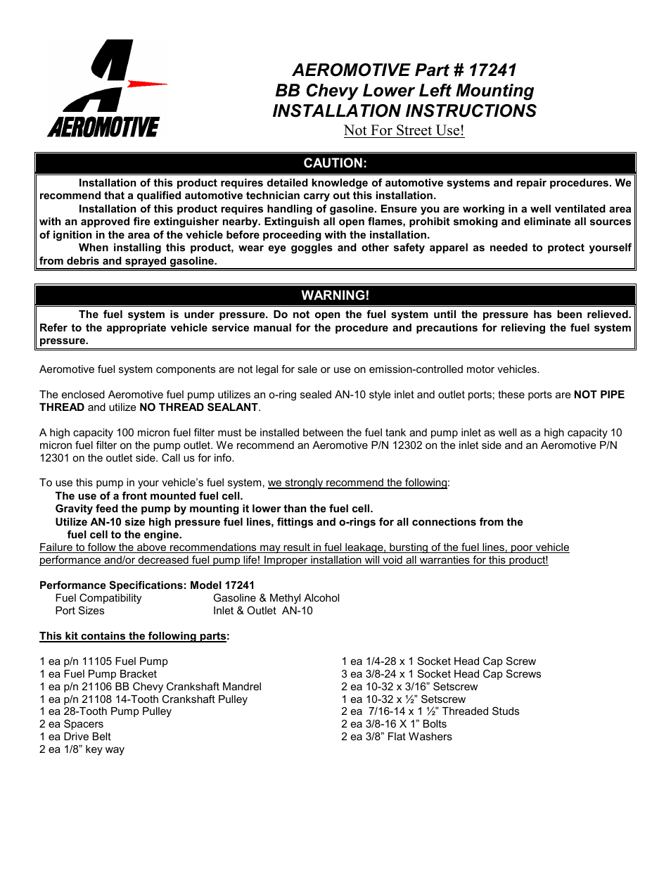 Aeromotive 17241 - BB CHEVY BELT DRIVE KIT User Manual | 7 pages