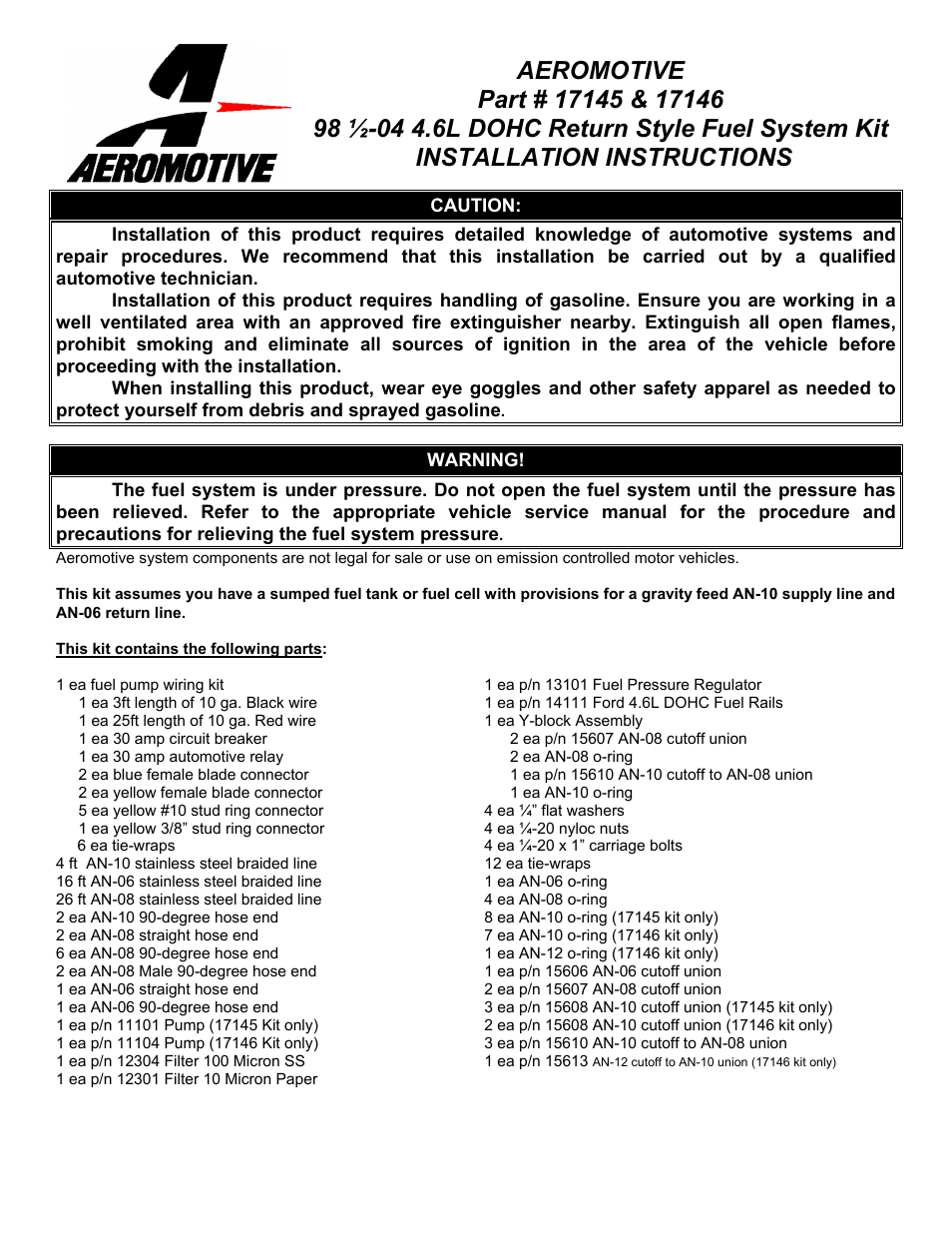 Aeromotive 17145 - 98 1_2-04 4.6L DOHC COBRA A1000 FUEL SYSTEM User Manual | 15 pages