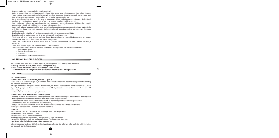 Kasutamine enne seadme kasutuselevõttu | Moulinex HV8 ME645 User Manual | Page 68 / 120